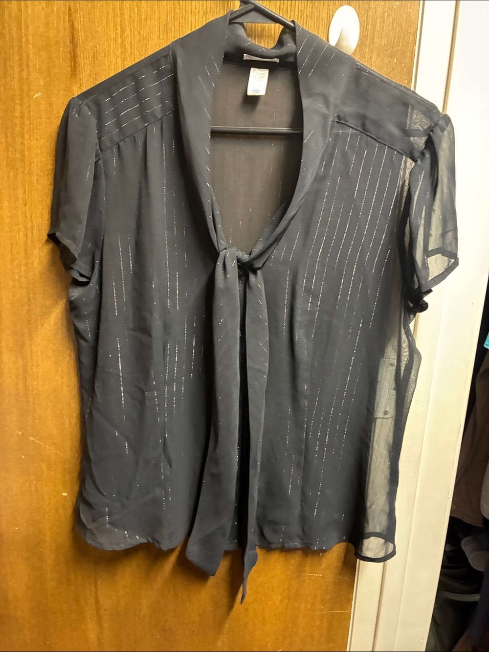 Old Navy Black Sheer Tie-Neck Blouse with Metallic Pinstripes